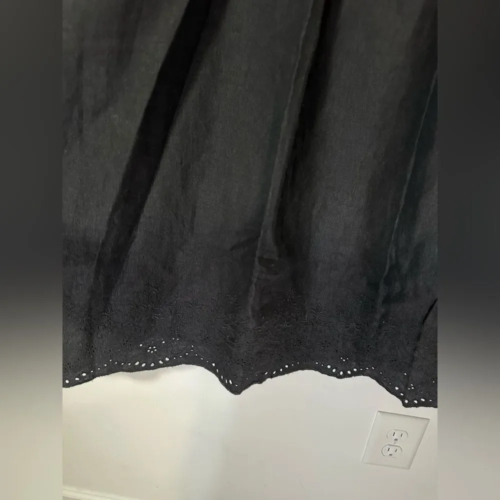 Chico’s Linen Pull On Embroidered Maxi Skirt Black Sz 8 Scallop Hem Side Pockets
